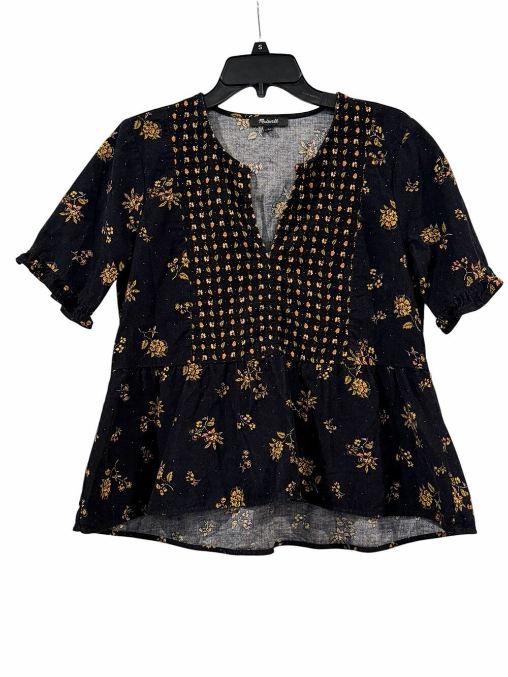 Madewell Corduroy Acorn Foulard Short Sleeve Top SZ S True Black Mix Print 70s